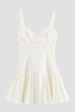 White Sexy Patchwork With Belt Pleated Spaghetti Strap Sling Dresses