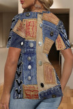 Blue Khaki Casual Faux Denim Print Slit V Neck T-Shirts