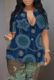 Blue Khaki Casual Faux Denim Print Slit V Neck T-Shirts