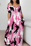 Rose Sexy Geometric Print Contrast V Neck Printed Dresses
