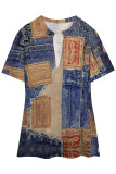 Blue Khaki Casual Faux Denim Print Slit V Neck T-Shirts