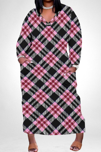 Black Red Street Geometric Print Faux Denim Print Distressed Pocket Contrast V Neck Printed Plus Size Dresses