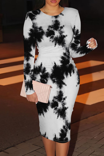 White Casual Print Patchwork O Neck Wrapped Skirt Dresses