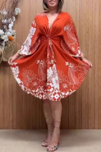 Orange Casual Floral Print Slit Belted V Neck Long Sleeve Dresses