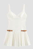 White Sexy Patchwork With Belt Pleated Spaghetti Strap Sling Dresses