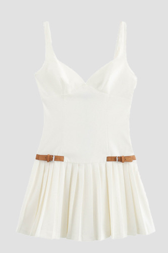 White Sexy Patchwork With Belt Pleated Spaghetti Strap Sling Dresses