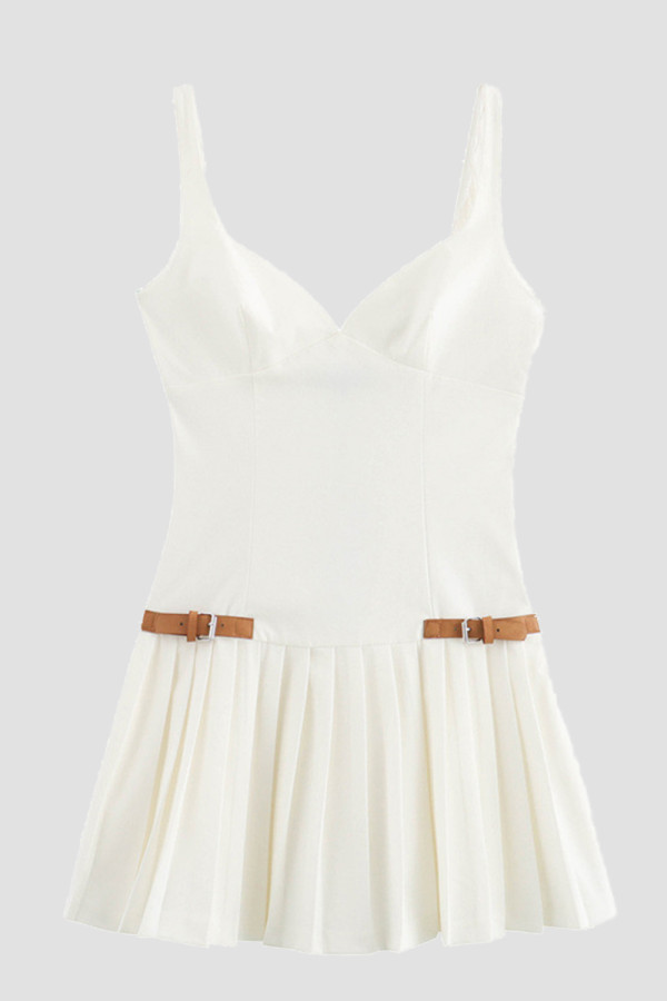 White Sexy Patchwork With Belt Pleated Spaghetti Strap Sling Dresses