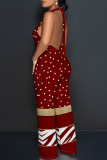 Burgundy Casual Plaid Polka Dot Heart Shaped Print Pocket Backless Halter Loose Jumpsuits