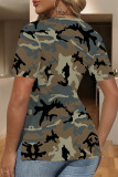 Grey Casual Camouflage Print Slit Contrast V Neck T-Shirts