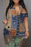 Blue Khaki Casual Faux Denim Print Slit V Neck T-Shirts
