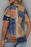 Blue Khaki Casual Faux Denim Print Slit V Neck T-Shirts