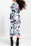 Blue Elegant Geometric Print Flowers Contrast Turtleneck Printed Dresses