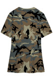 Grey Casual Camouflage Print Slit Contrast V Neck T-Shirts