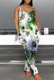 Light Green Casual Floral Print Pocket Contrast U Neck Loose Jumpsuits