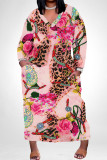 Black And White Casual Leopard Print Snakeskin Print Pocket Contrast V Neck Printed Plus Size Dresses
