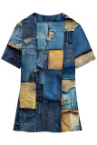 Blue Khaki Casual Faux Denim Print Slit V Neck T-Shirts