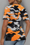 Grey Casual Camouflage Print Slit Contrast V Neck T-Shirts