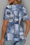 Blue Khaki Casual Faux Denim Print Slit V Neck T-Shirts