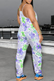 Light Green Casual Floral Print Pocket Contrast U Neck Loose Jumpsuits
