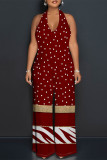 Burgundy Casual Plaid Polka Dot Heart Shaped Print Pocket Backless Halter Loose Jumpsuits