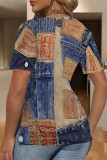 Blue Khaki Casual Faux Denim Print Slit V Neck T-Shirts