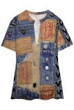 Blue Khaki Casual Faux Denim Print Slit V Neck T-Shirts