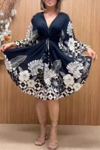 Black Casual Floral Print Slit Belted V Neck Long Sleeve Dresses
