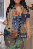 Blue Khaki Casual Faux Denim Print Slit V Neck T-Shirts