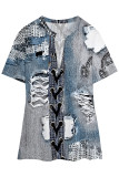 Blue Khaki Casual Faux Denim Print Slit V Neck T-Shirts