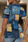 Blue Khaki Casual Faux Denim Print Slit V Neck T-Shirts