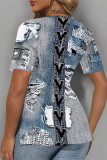 Blue Khaki Casual Faux Denim Print Slit V Neck T-Shirts