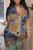 Blue Khaki Casual Faux Denim Print Slit V Neck T-Shirts