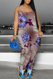 Light Green Casual Floral Print Pocket Contrast U Neck Loose Jumpsuits