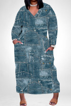 Navy Street Geometric Print Faux Denim Print Distressed Pocket Contrast V Neck Printed Plus Size Dresses