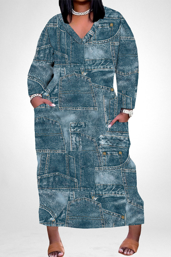 Navy Street Geometric Print Faux Denim Print Distressed Pocket Contrast V Neck Printed Plus Size Dresses