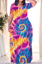Multicolor Casual Print Patchwork O Neck Long Plus Size Dresses