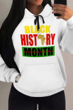 White Casual Letter Print Draw String Pocket Hooded Tops