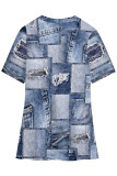 Blue Khaki Casual Faux Denim Print Slit V Neck T-Shirts