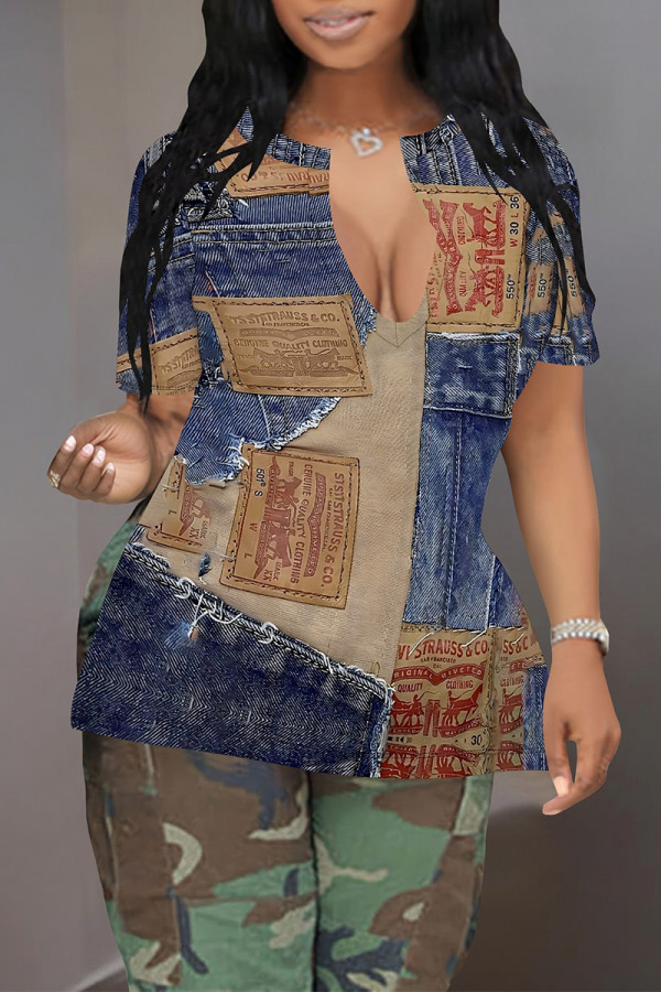 Blue Coffee Casual Faux Denim Print Slit V Neck T-Shirts