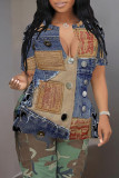 Blue Khaki Casual Faux Denim Print Slit V Neck T-Shirts