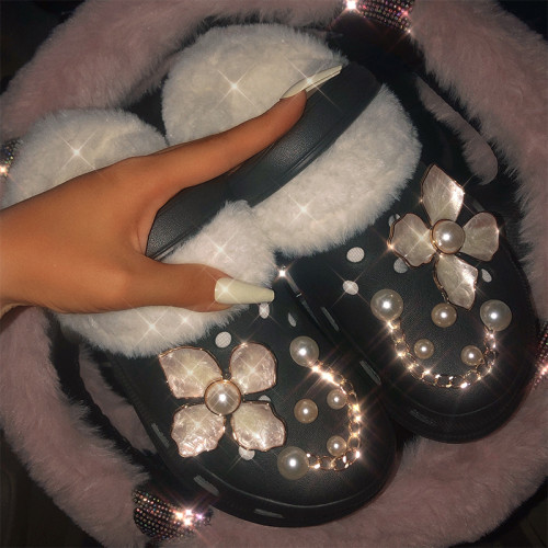 Black Daily Pearls Decor Butterfly Closed Comfortable Shoes