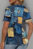 Blue Khaki Casual Faux Denim Print Slit V Neck T-Shirts