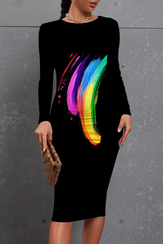 Colour Casual Print Patchwork O Neck Wrapped Skirt Dresses