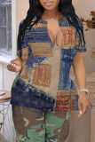 Blue Khaki Casual Faux Denim Print Slit V Neck T-Shirts