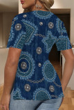Blue Khaki Casual Faux Denim Print Slit V Neck T-Shirts