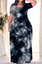 Dark Gray Casual Print Patchwork O Neck Long Plus Size Dresses