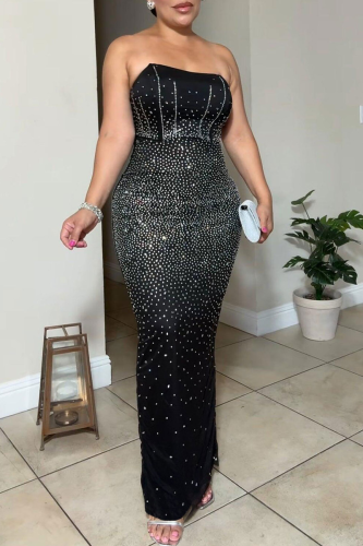 Black Sexy Solid Color Patchwork Hot Drill Strapless Strapless Dresses