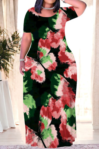 Red Green Casual Print Patchwork O Neck Long Plus Size Dresses