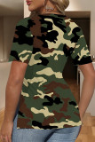 Grey Casual Camouflage Print Slit Contrast V Neck T-Shirts