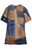 Blue Khaki Casual Faux Denim Print Slit V Neck T-Shirts